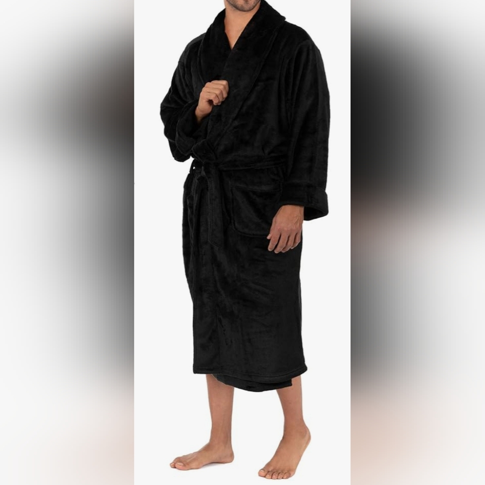 IZOD Men's Comfort Soft Black Fleece Robe - One Size - (NWT) - Picture 2 of 8